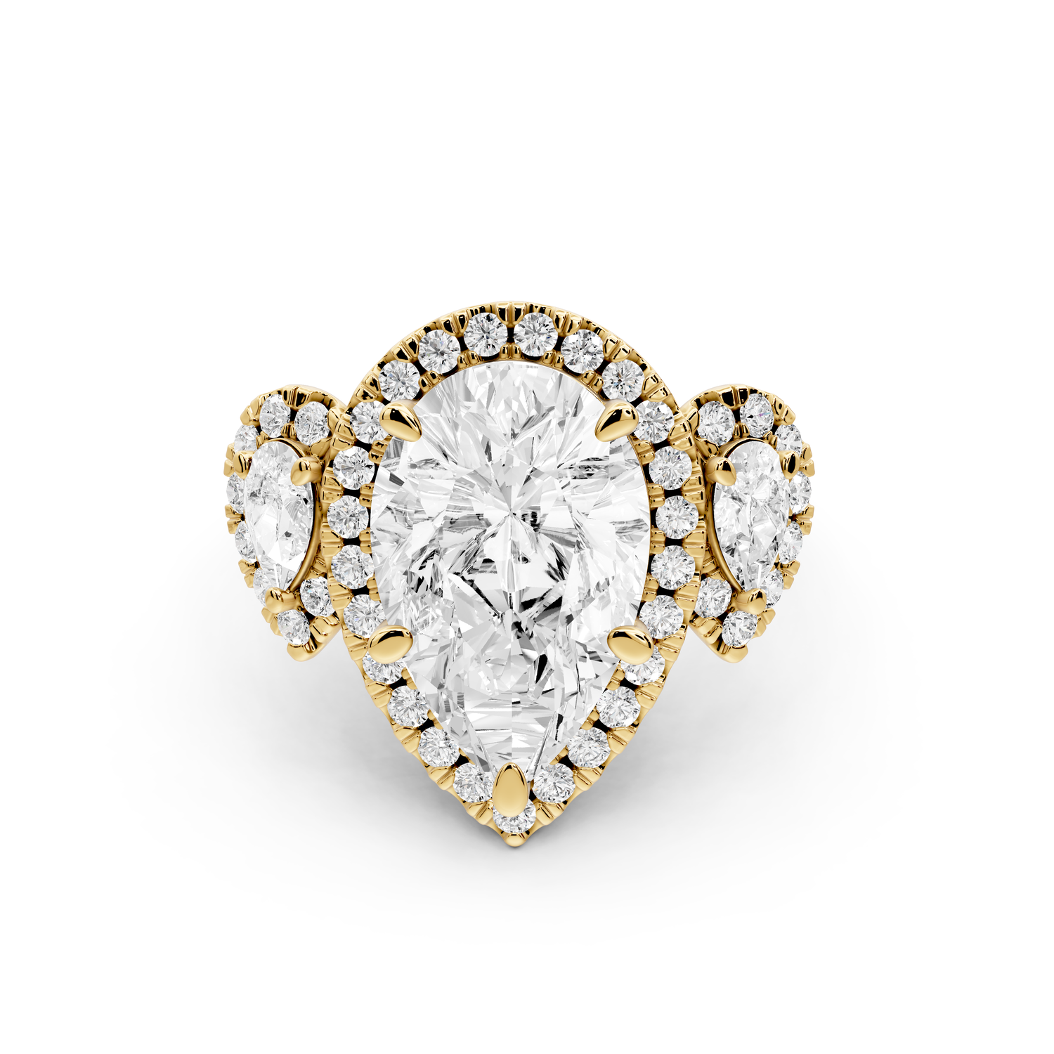 Iris - 4ct 14k yellow gold Three stone pear Halo engagement ring