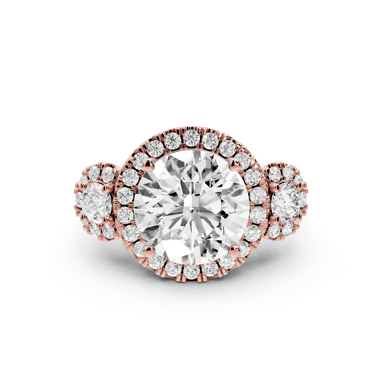 Iris - 4ct 14k rose gold Three stone round Halo engagement ring