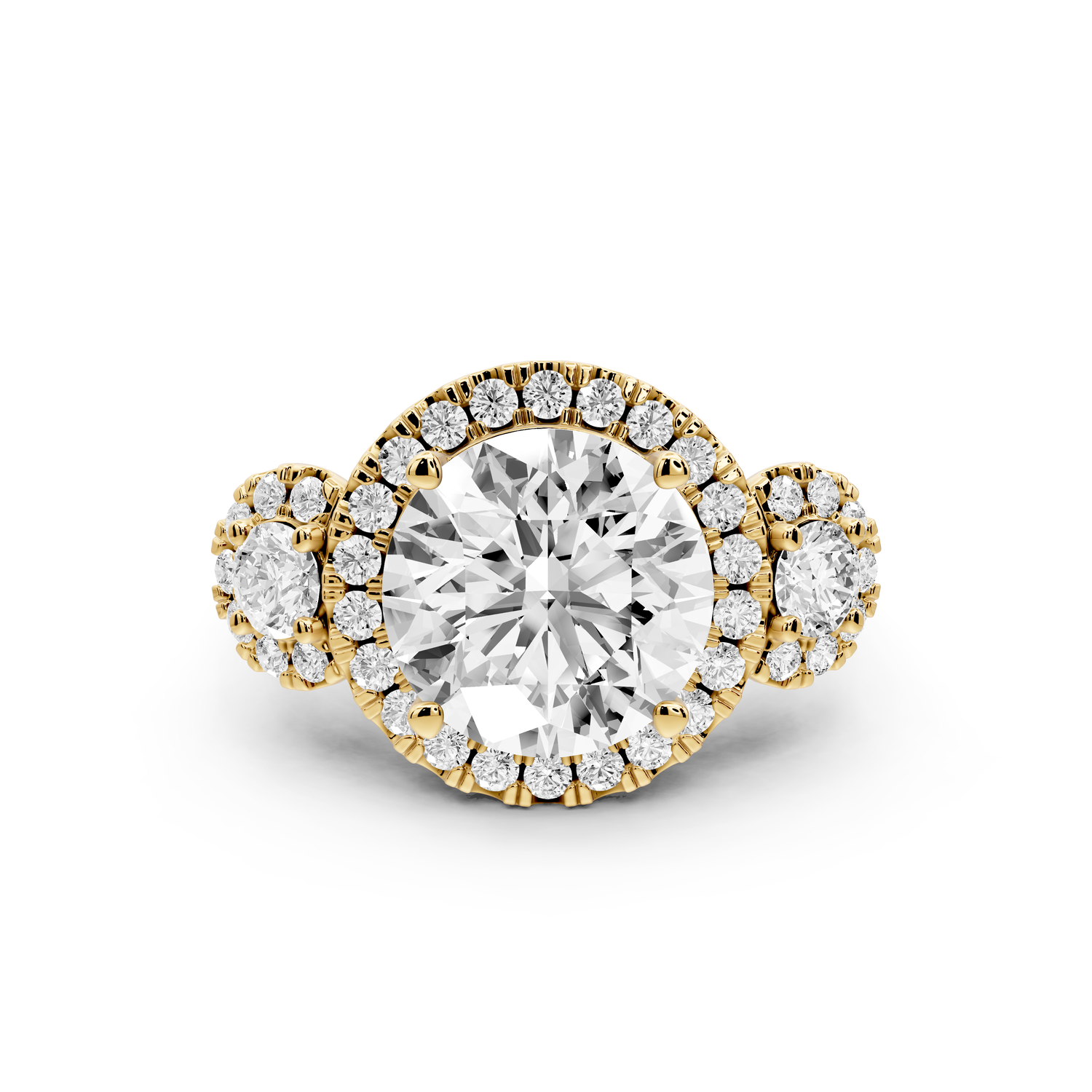 Iris - 4ct 14k yellow gold Three stone round Halo engagement ring