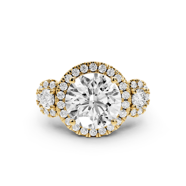 Iris - 4ct 14k yellow gold Three stone round Halo engagement ring