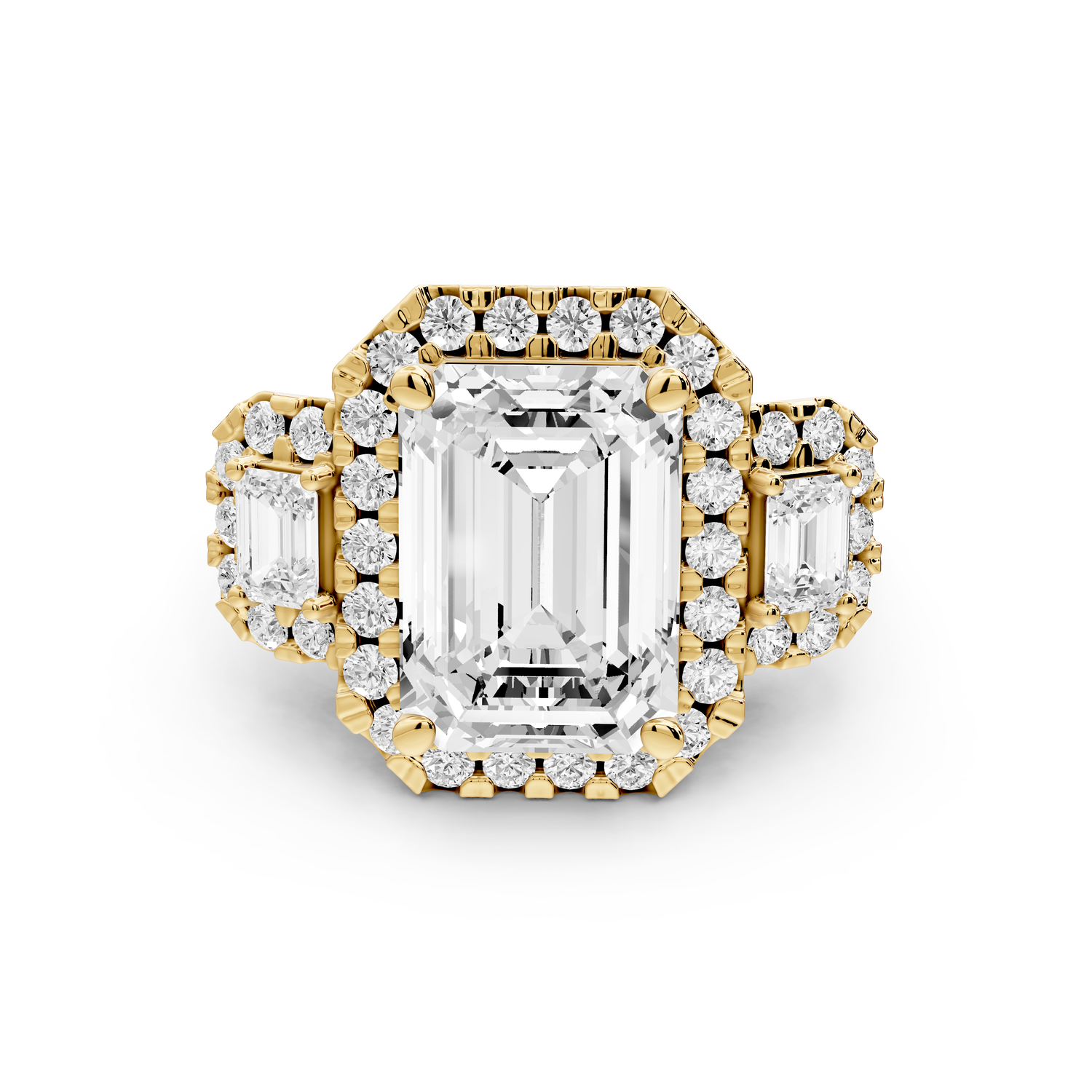 Iris - 5ct 14k yellow gold Three stone emerald Halo engagement ring
