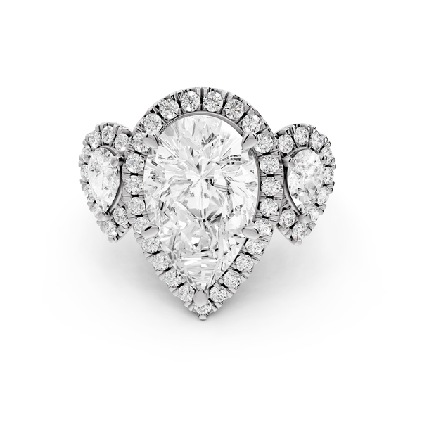 Iris - 5ct 14k white gold Three stone pear Halo engagement ring