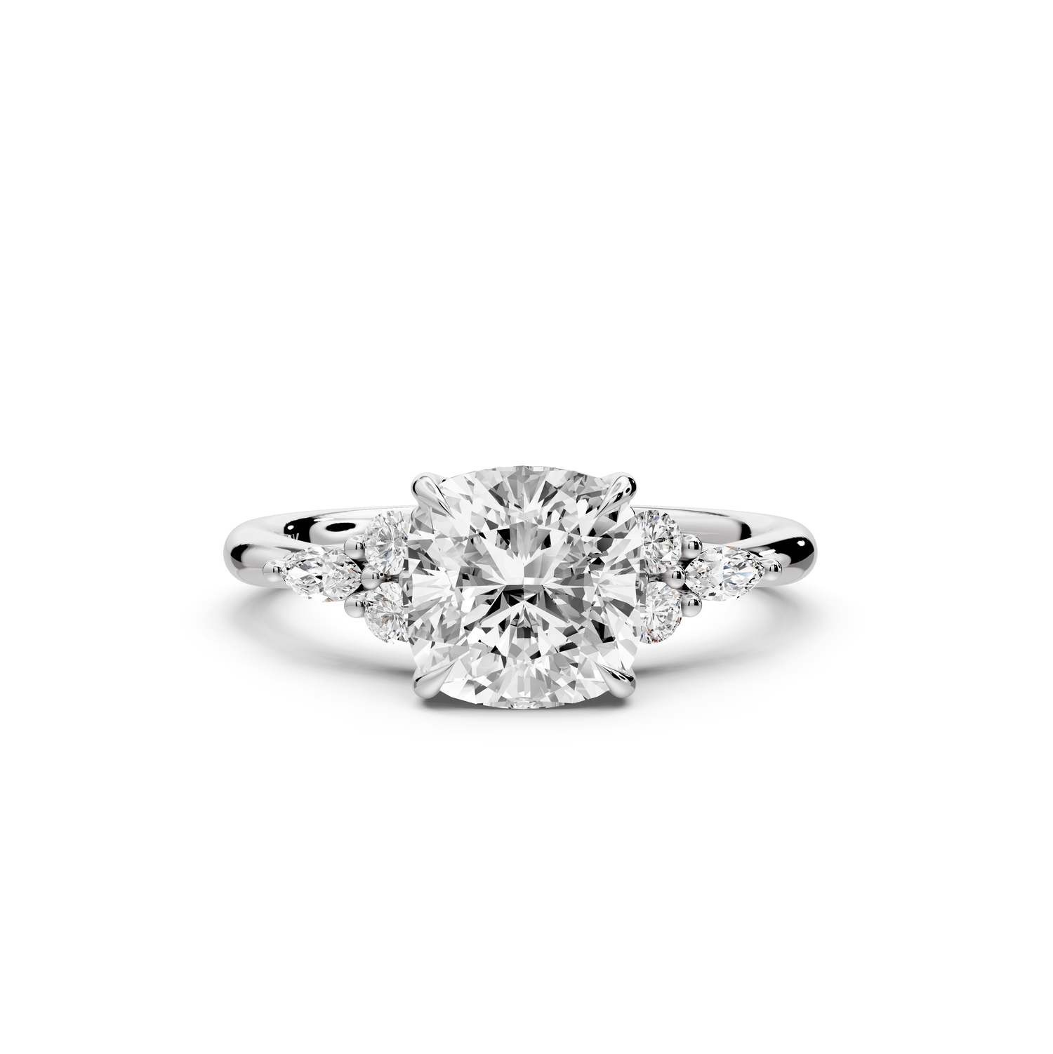 Sandi - 2ct platinum Cushion Floral Cluster Side-Stone Engagement Ring with Plain Band