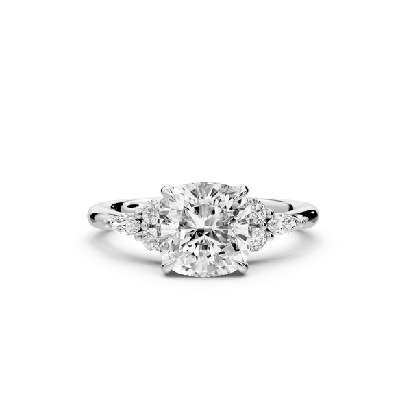 Sandi - 2ct platinum Cushion Floral Cluster Side-Stone Engagement Ring with Plain Band