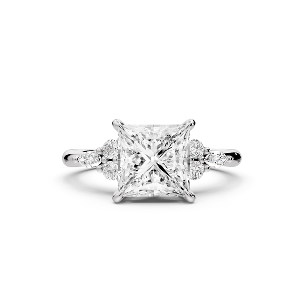Sandi - 2ct platinum Princess Floral Cluster Side-Stone Engagement Ring with Plain Band