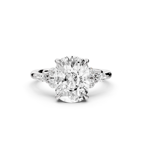 Sandi - 4ct platinum Ecushion Floral Cluster Side-Stone Engagement Ring with Plain Band