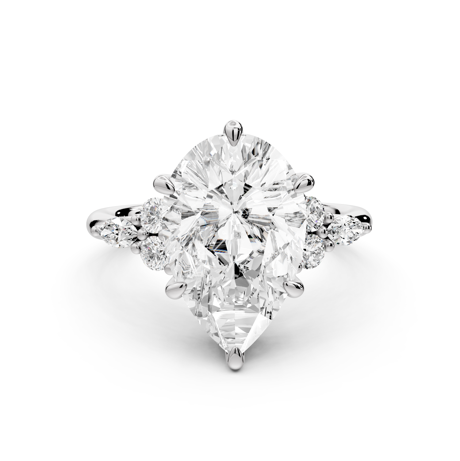 Sandi - 4ct platinum Pear Floral Cluster Side-Stone Engagement Ring with Plain Band