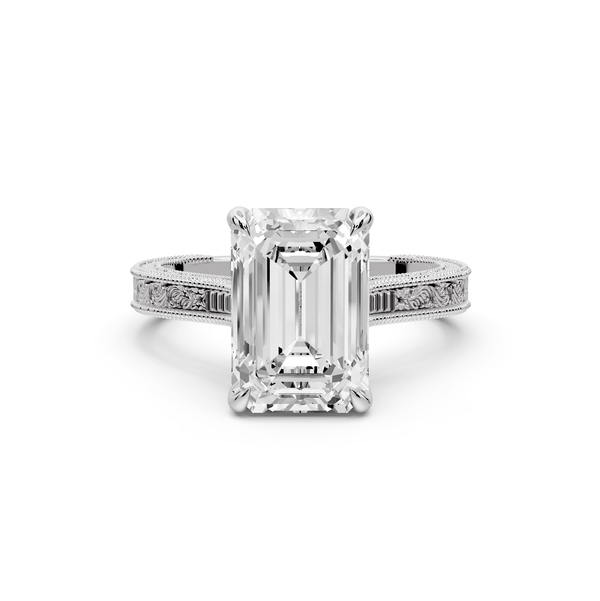 Daniel - 3ct platinum Emerald Vintage-Inspired Solitaire Engagement Ring with Hand-Engraved Milgrain Band