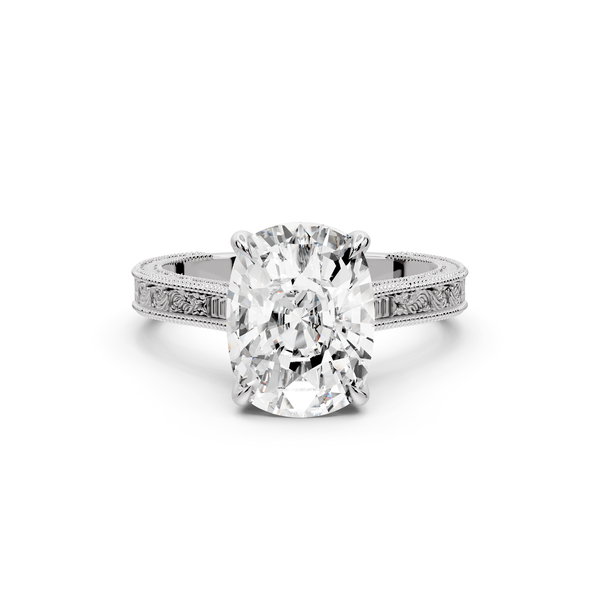 Daniel - 4ct platinum Ecushion Vintage-Inspired Solitaire Engagement Ring with Hand-Engraved Milgrain Band