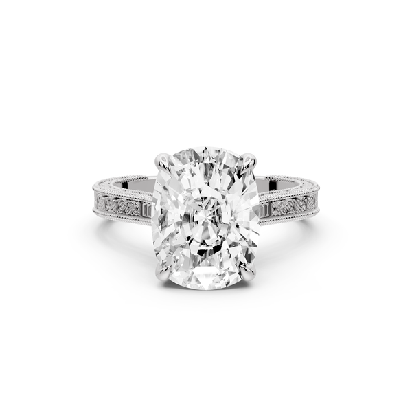 Daniel - 5ct platinum Ecushion Vintage-Inspired Solitaire Engagement Ring with Hand-Engraved Milgrain Band