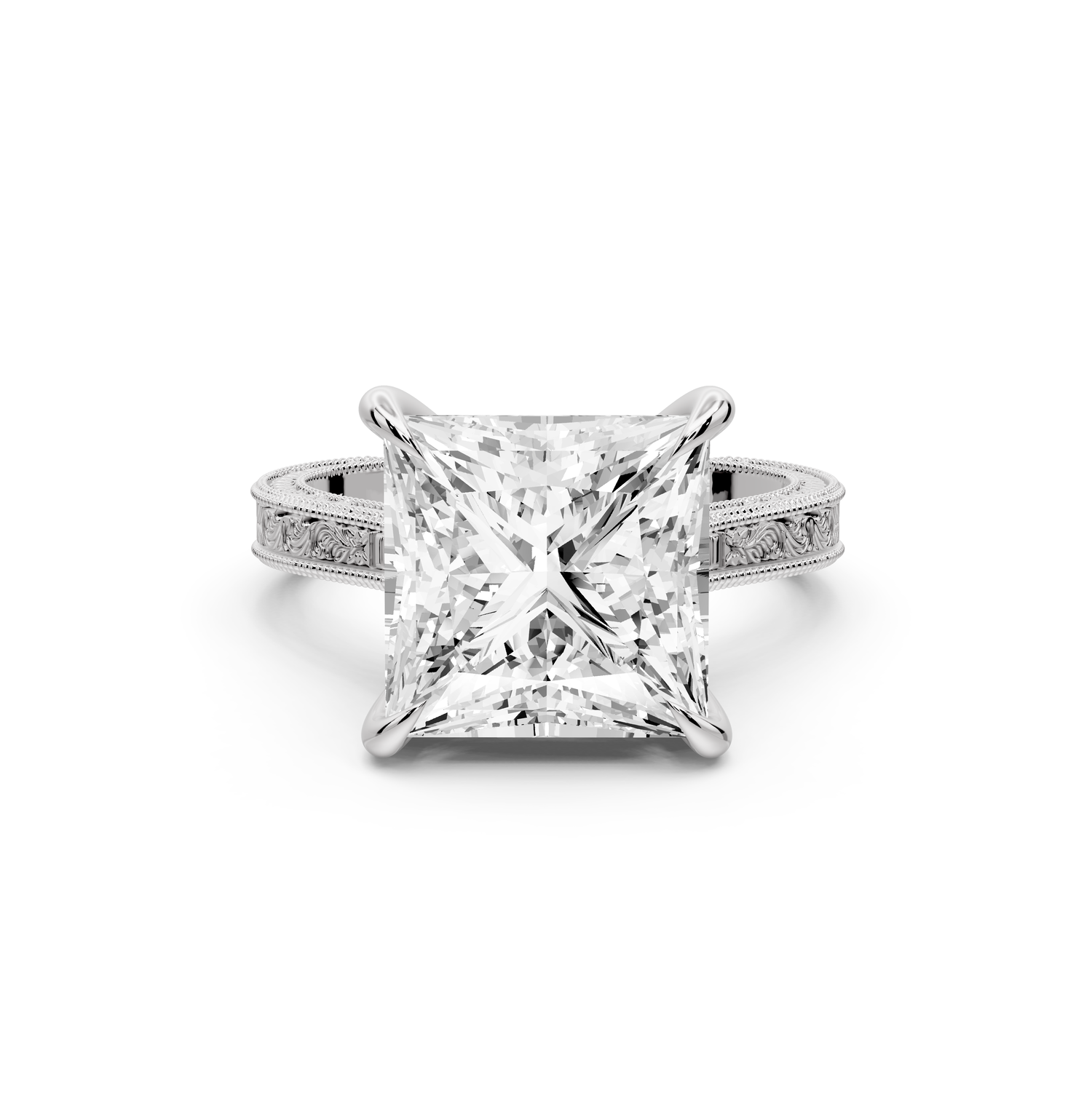 Daniel - 5ct platinum Princess Vintage-Inspired Solitaire Engagement Ring with Hand-Engraved Milgrain Band