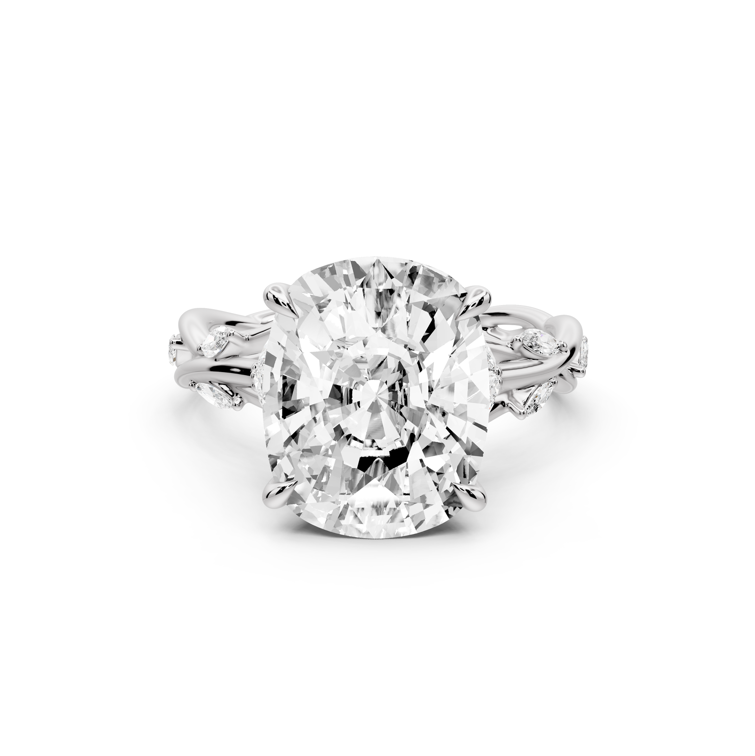 Sarah - 5ct platinum Ecushion Nature-Inspired Engagement Ring with Sculpted Vine and Leaf Side Stones