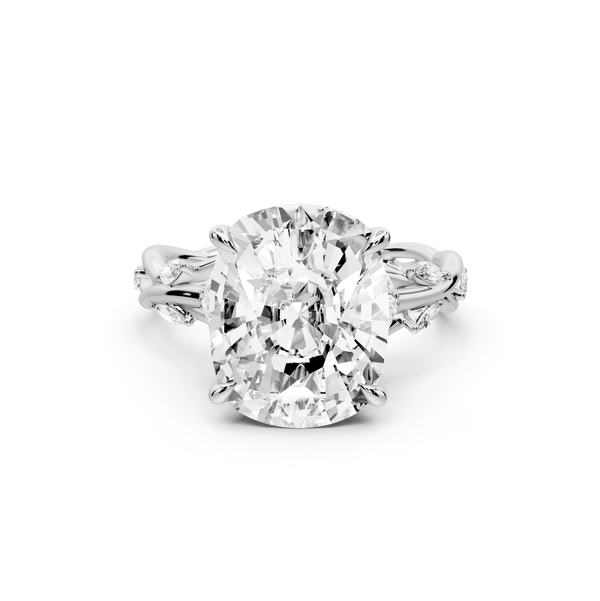 Sarah - 5ct platinum Ecushion Nature-Inspired Engagement Ring with Sculpted Vine and Leaf Side Stones