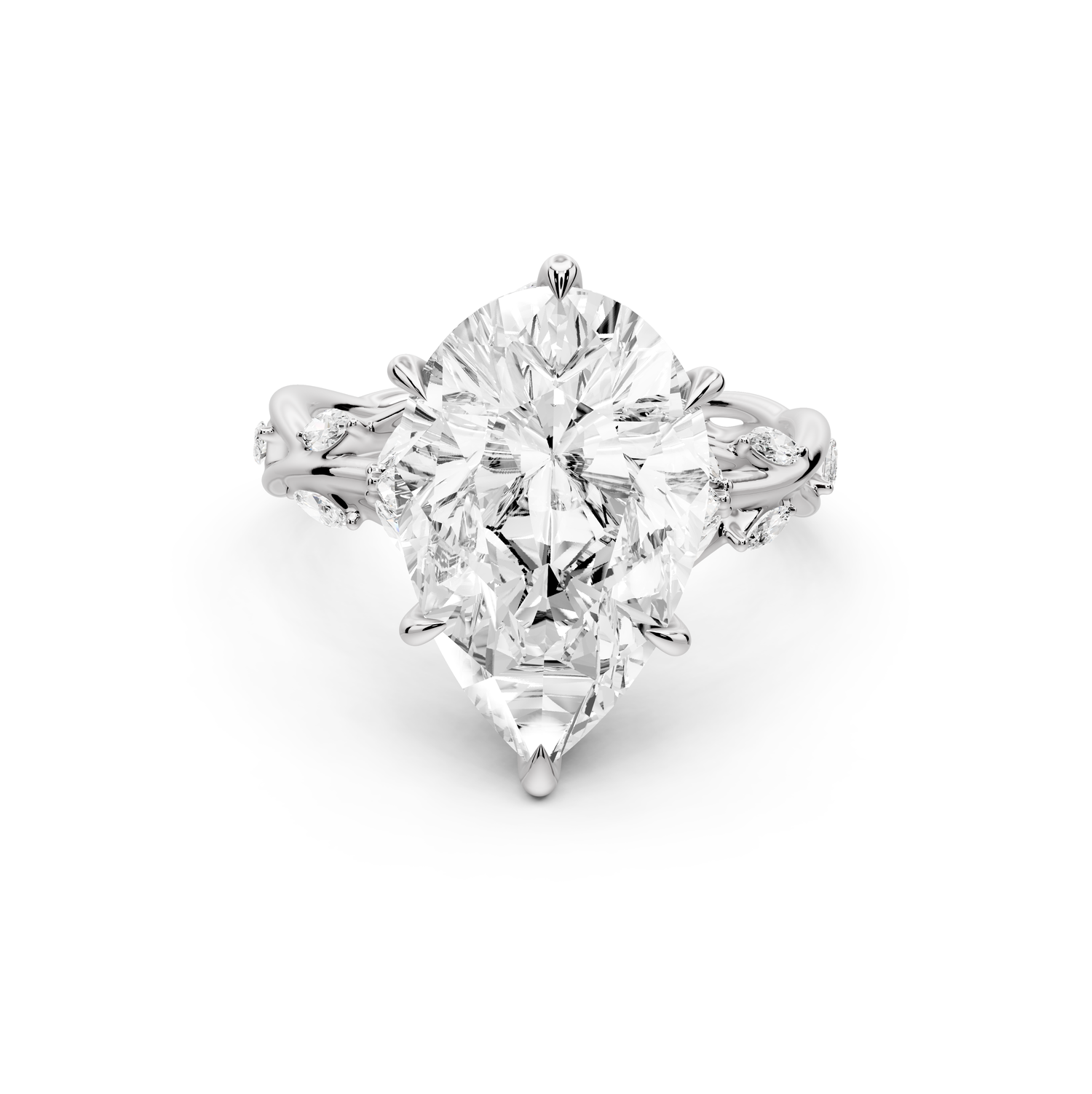 Sarah - 5ct platinum Pear Nature-Inspired Engagement Ring with Sculpted Vine and Leaf Side Stones