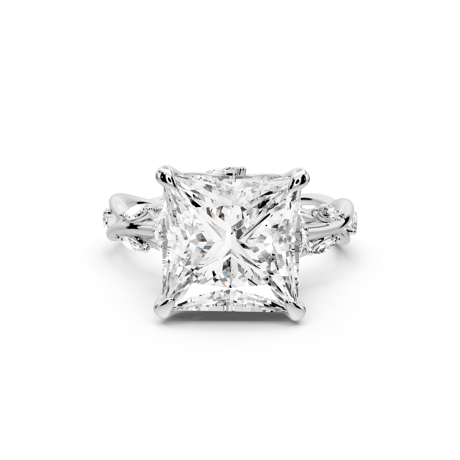 Sarah - 5ct platinum Princess Nature-Inspired Engagement Ring with Sculpted Vine and Leaf Side Stones