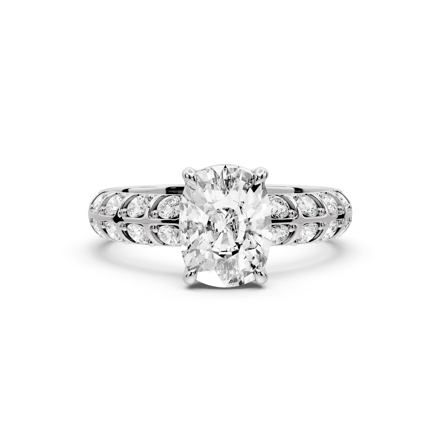 Jessica - 2ct platinum Ecushion Split-Shank Engagement Ring with Double-Row Shared-Prong Pavé Band