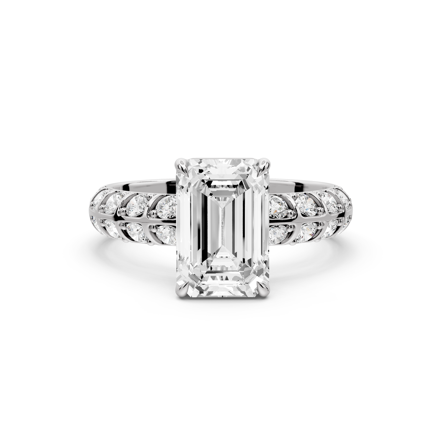 Jessica - 2ct platinum Emerald Split-Shank Engagement Ring with Double-Row Shared-Prong Pavé Band