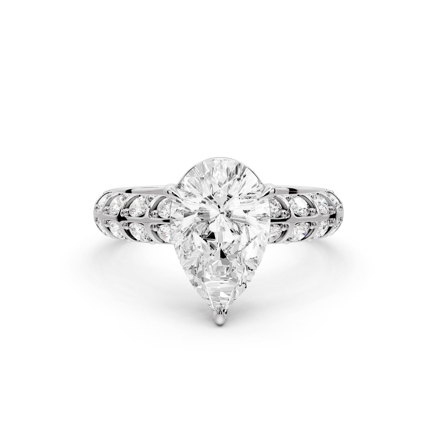 Jessica - 2ct platinum Pear Split-Shank Engagement Ring with Double-Row Shared-Prong Pavé Band