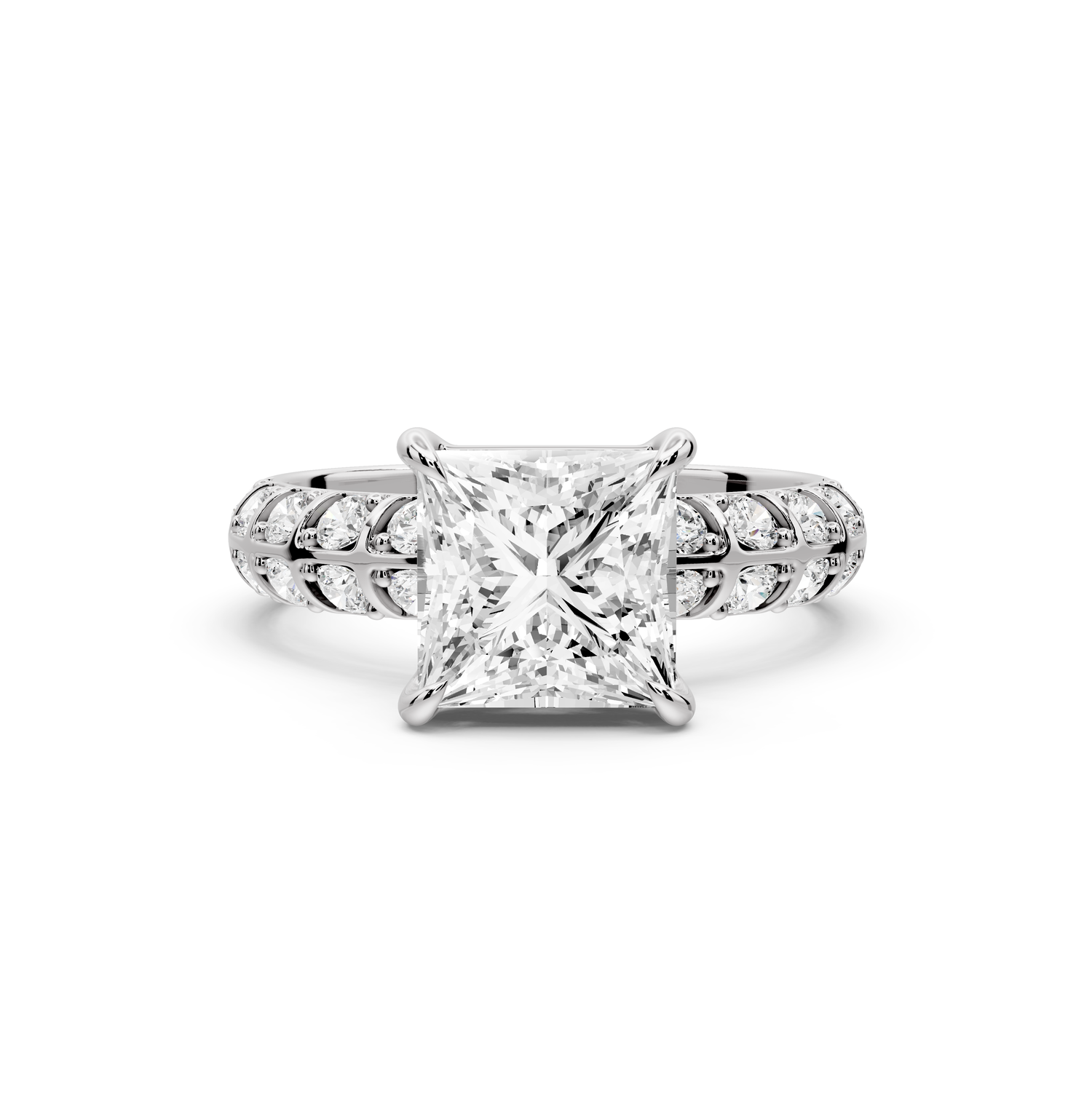 Jessica - 2ct platinum Princess Split-Shank Engagement Ring with Double-Row Shared-Prong Pavé Band