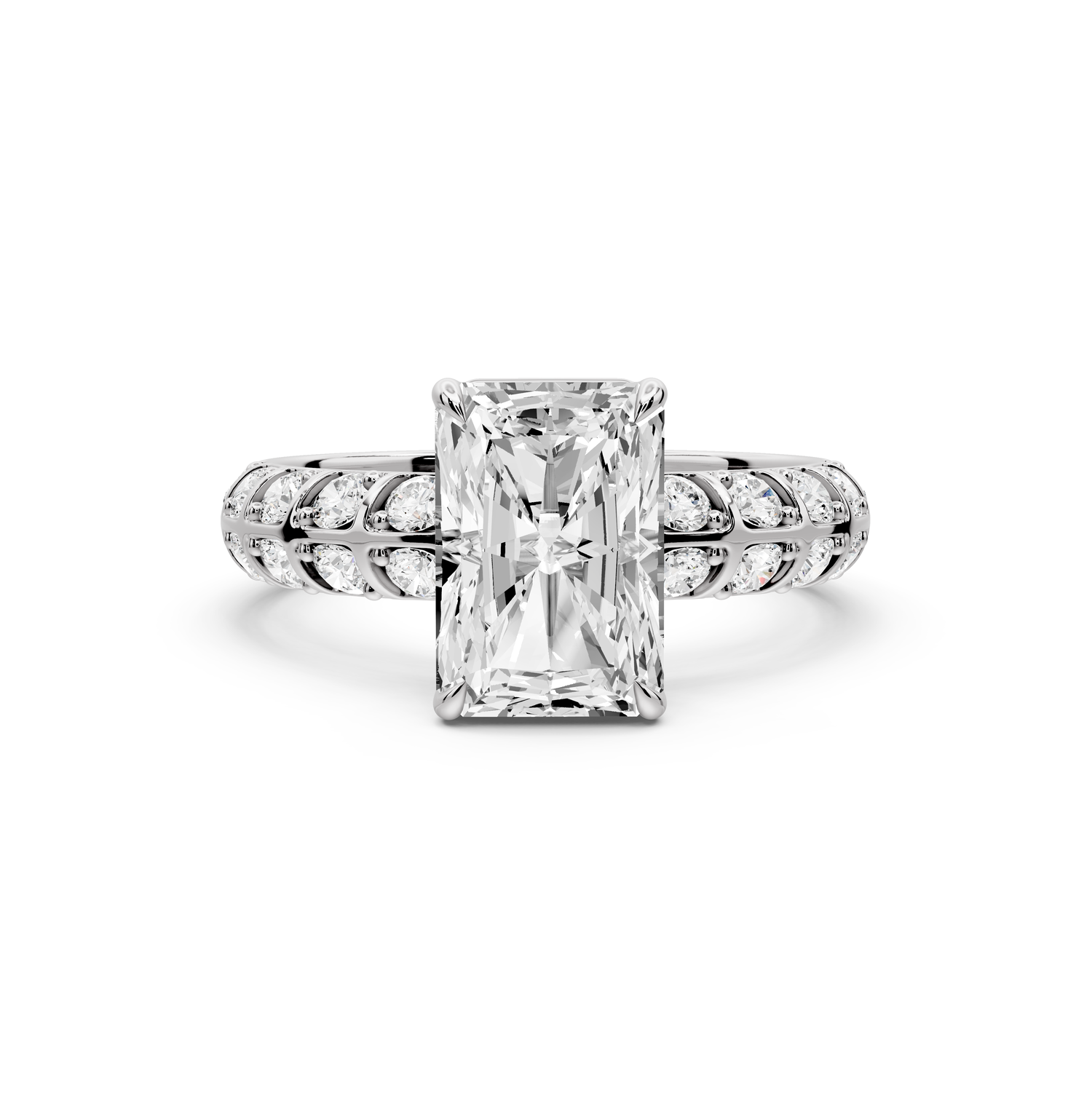 Jessica - 2ct platinum Radiant Split-Shank Engagement Ring with Double-Row Shared-Prong Pavé Band