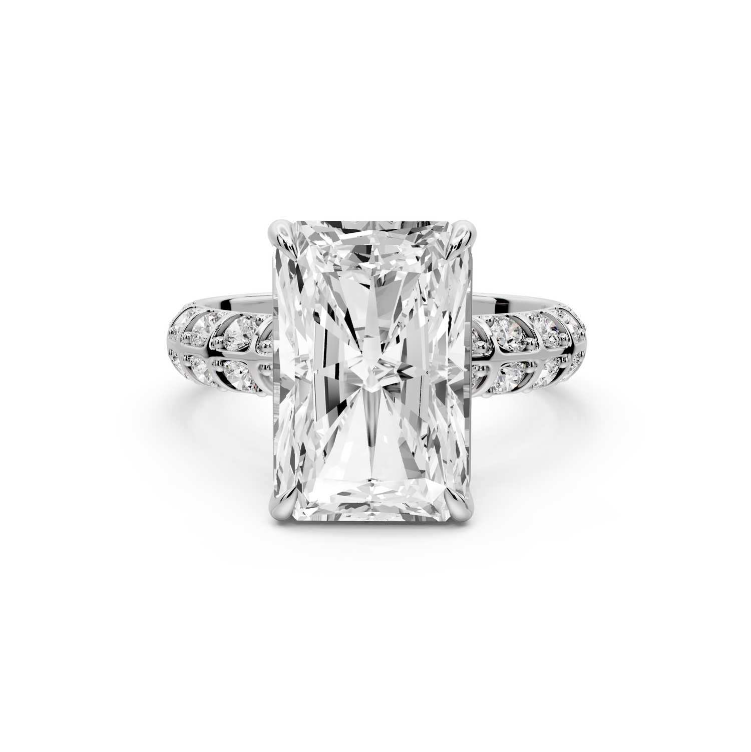 Jessica - 5ct platinum Radiant Split-Shank Engagement Ring with Double-Row Shared-Prong Pavé Band