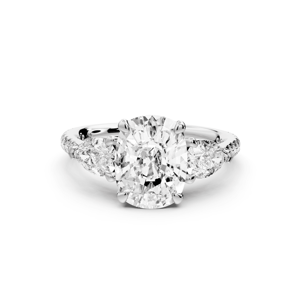 Alma - 2ct 14k white gold ecushion center stone with two pear shaped diamonds and pavé. Three stone oval and pear engagement ring with Pavé - Mr. Alex Jewelry