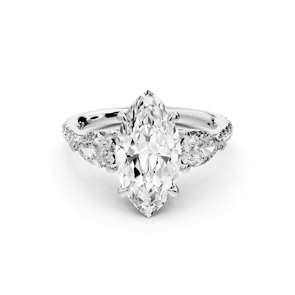 Alma - 2ct 14k white gold marquise center stone with two pear shaped diamonds and pavé. Three stone oval and pear engagement ring with Pavé - Mr. Alex Jewelry