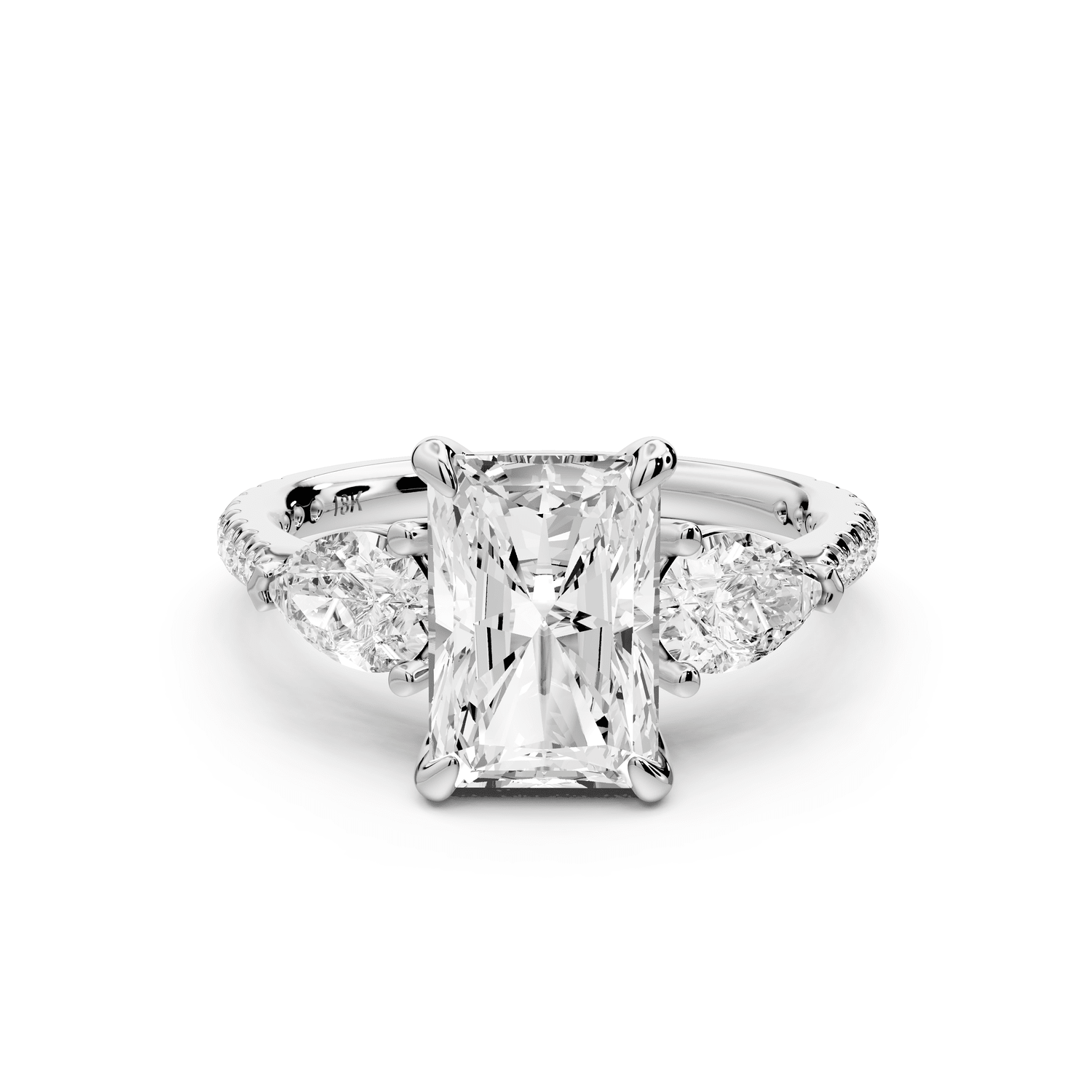 Alma - 2ct 14k white gold radiant center stone with two pear shaped diamonds and pavé. Three stone oval and pear engagement ring with Pavé - Mr. Alex Jewelry