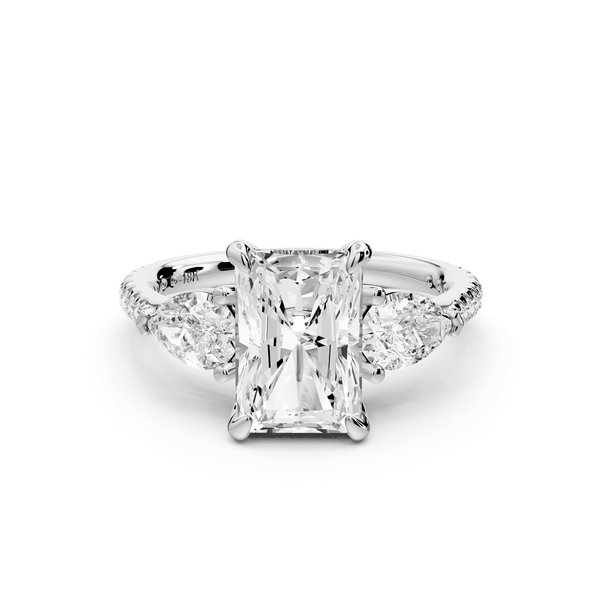 Alma - 2ct 14k white gold radiant center stone with two pear shaped diamonds and pavé. Three stone oval and pear engagement ring with Pavé - Mr. Alex Jewelry