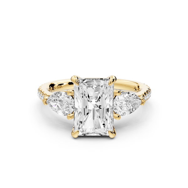 Alma - 2ct 14k yellow gold radiant center stone with two pear shaped diamonds and pavé. Three stone oval and pear engagement ring with Pavé - Mr. Alex Jewelry