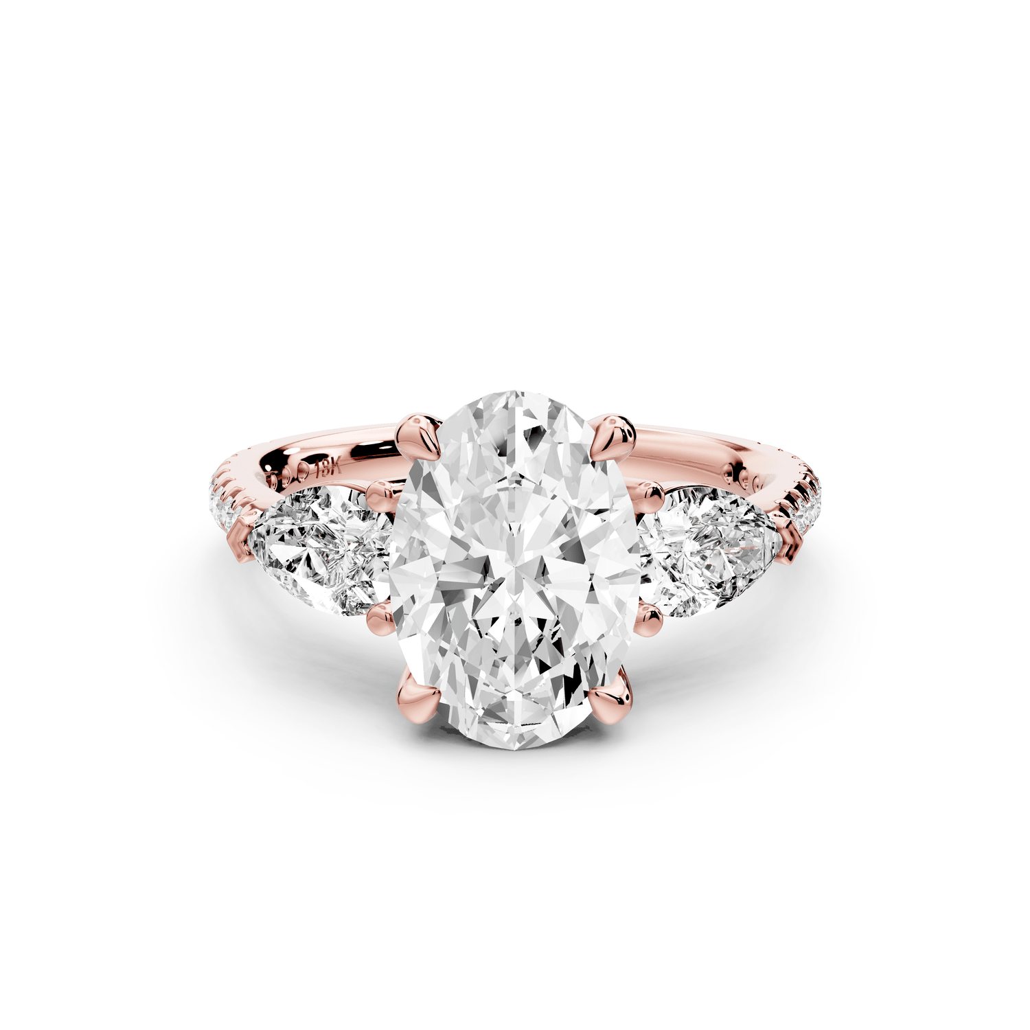 Alma - 2ct 18k rose gold oval center stone with two pear shaped diamonds and pavé. Three stone oval and pear Engagement ring with Pavé - Mr. Alex Jewelry