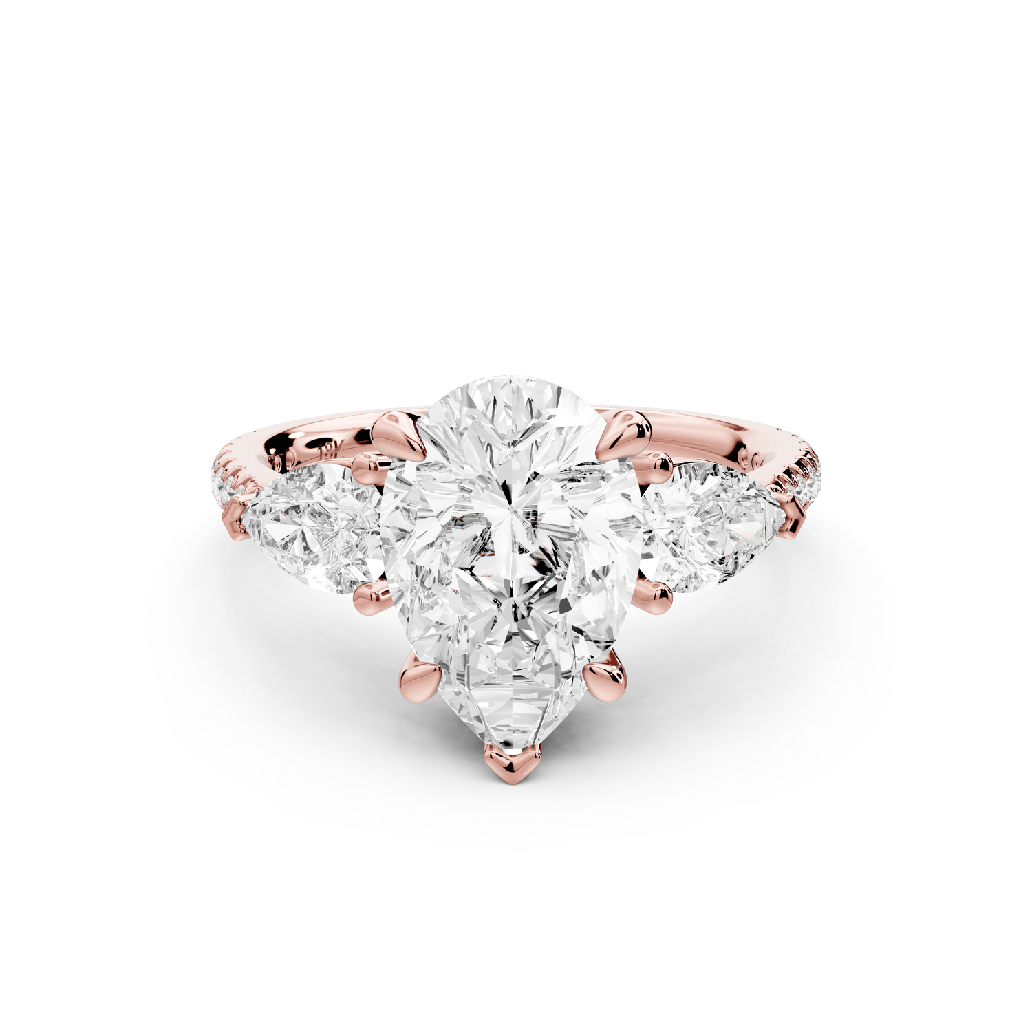 Alma - 2ct 18k rose gold pear center stone with two pear shaped diamonds and pavé. Three stone oval and pear Engagement ring with Pavé - Mr. Alex Jewelry