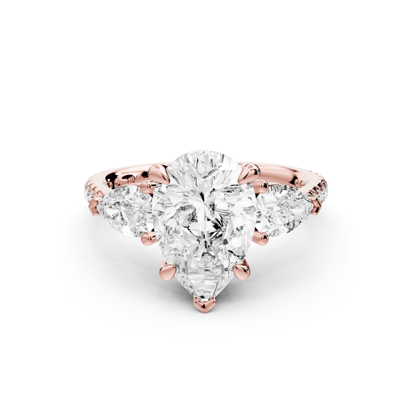 Alma - 2ct 18k rose gold pear center stone with two pear shaped diamonds and pavé. Three stone oval and pear Engagement ring with Pavé - Mr. Alex Jewelry