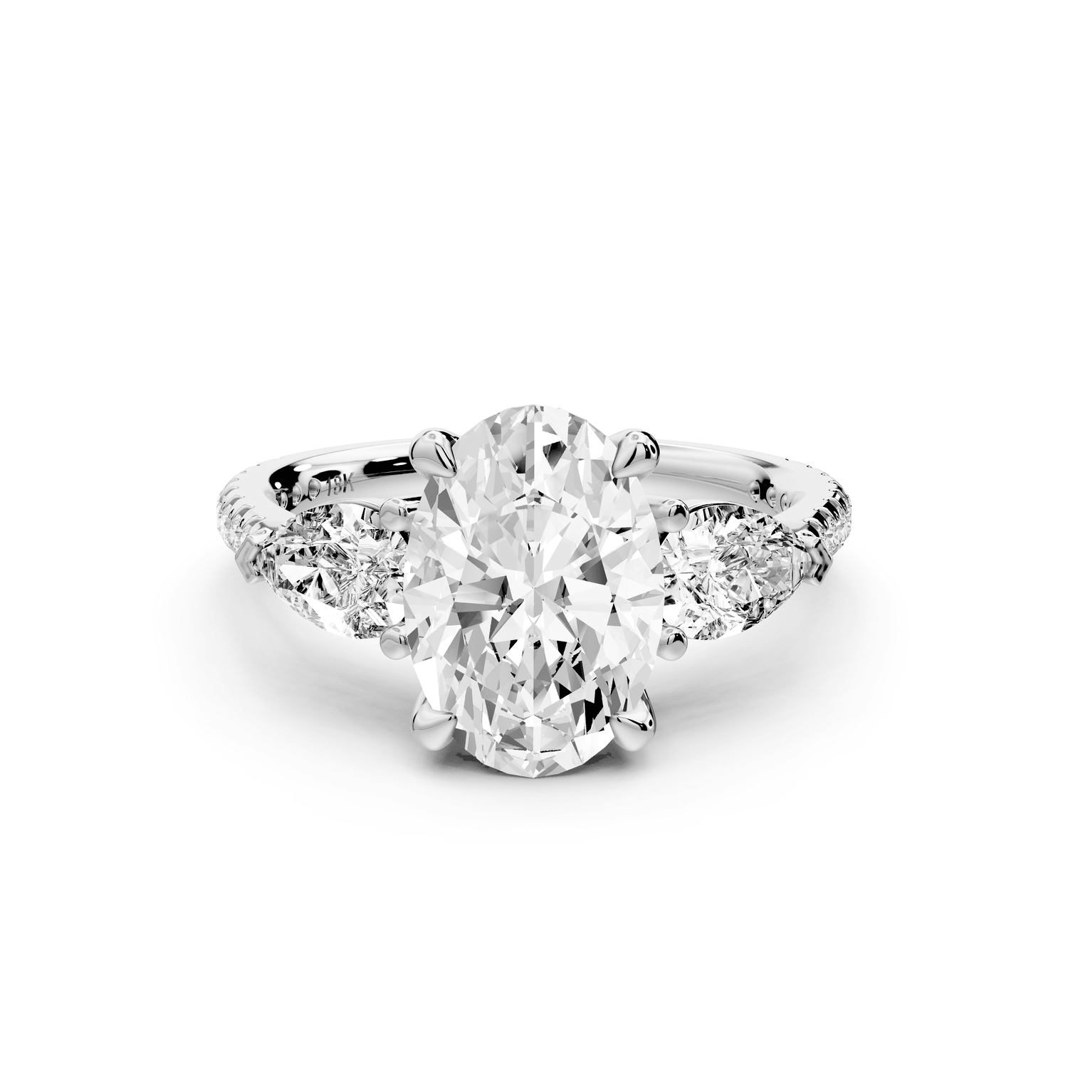 Alma - 2ct 18k white gold oval center stone with two pear shaped diamonds and pavé. Three stone oval and pear Engagement ring with Pavé - Mr. Alex Jewelry