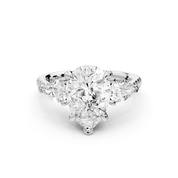 Alma - 2ct 18k white gold pear center stone with two pear shaped diamonds and pavé. Three stone oval and pear Engagement ring with Pavé - Mr. Alex Jewelry