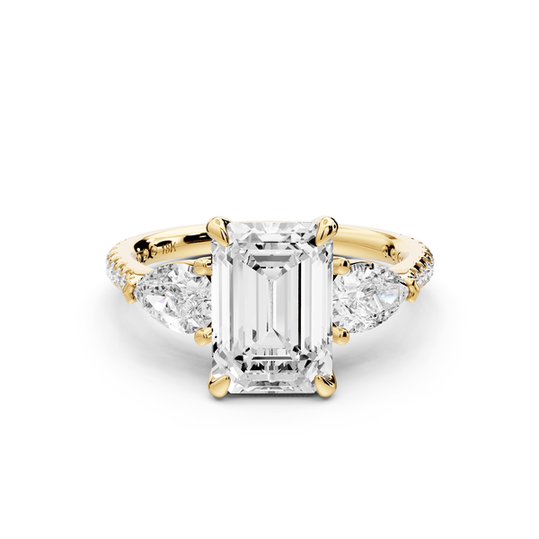 Alma - 2ct 18k yellow gold emerald center stone with two pear shaped diamonds and pavé. Three stone oval and pear Engagement ring with Pavé - Mr. Alex Jewelry