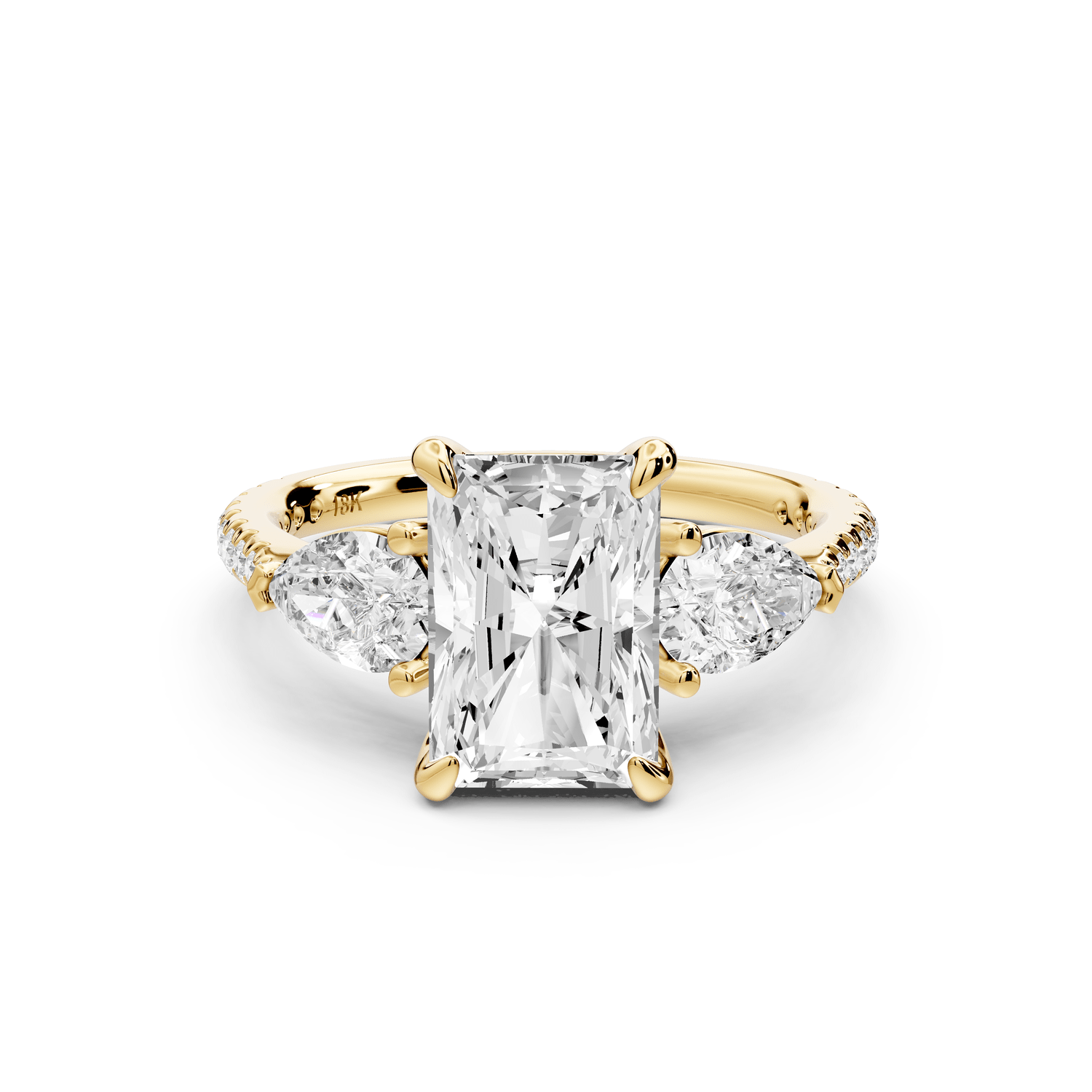 Alma - 2ct 18k yellow gold radiant center stone with two pear shaped diamonds and pavé. Three stone oval and pear engagement ring with Pavé - Mr. Alex Jewelry