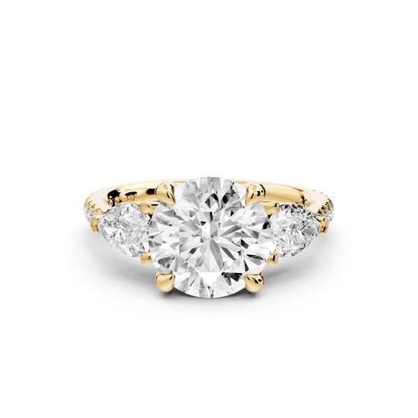 Alma - 2ct 18k yellow gold round center stone with two pear shaped diamonds and pavé. Three stone oval and pear engagment ring with Pavé - Mr. Alex Jewelry