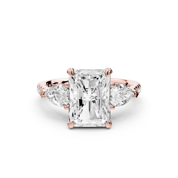 Alma - 3ct 14k rose gold radiant center stone with two pear shaped diamonds and pavé. Three stone oval and pear engagement ring with Pavé - Mr. Alex Jewelry