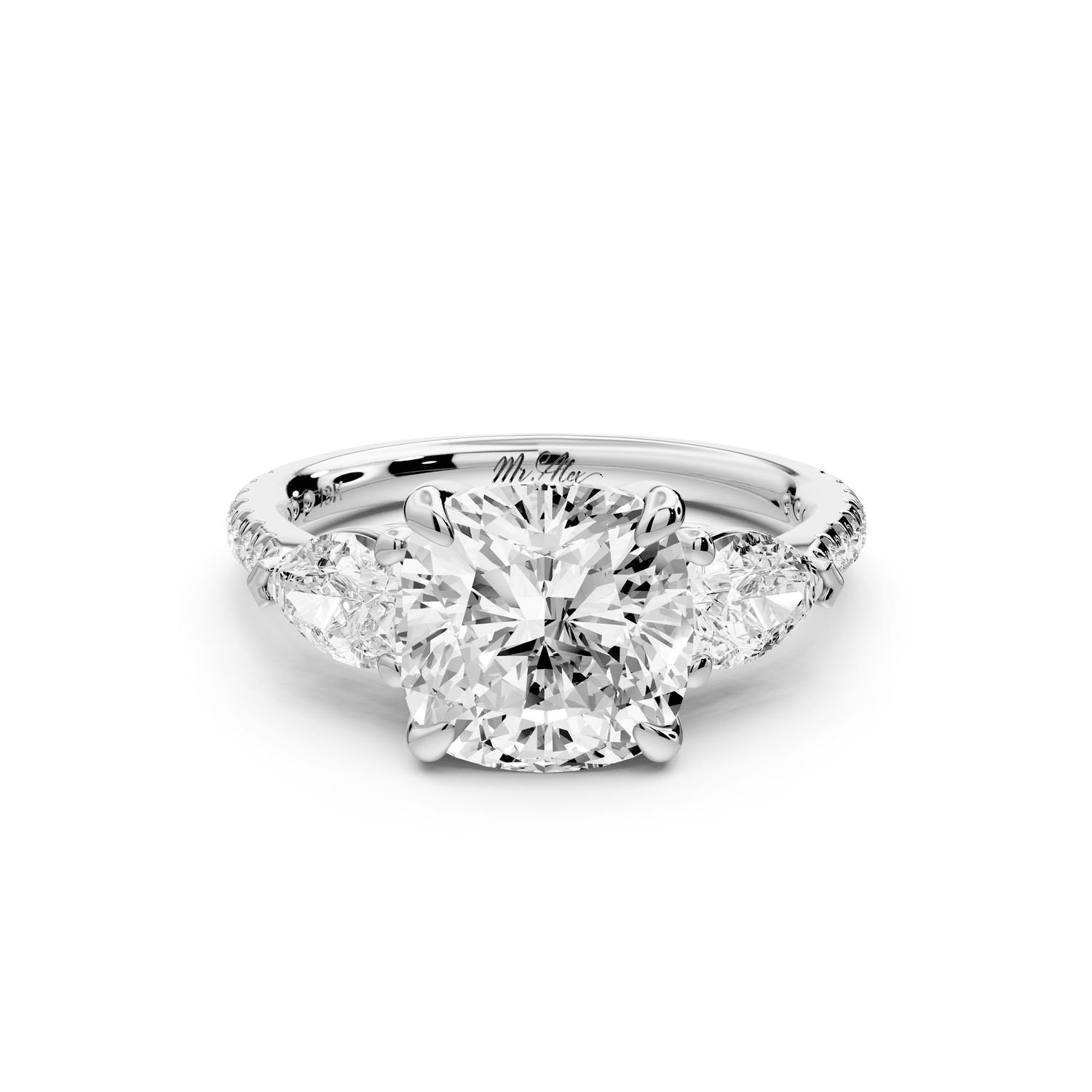 Alma - 3ct 14k white gold cushion center stone with two pear shaped diamonds and pavé. Three stone oval and pear engagement ring with Pavé - Mr. Alex Jewelry