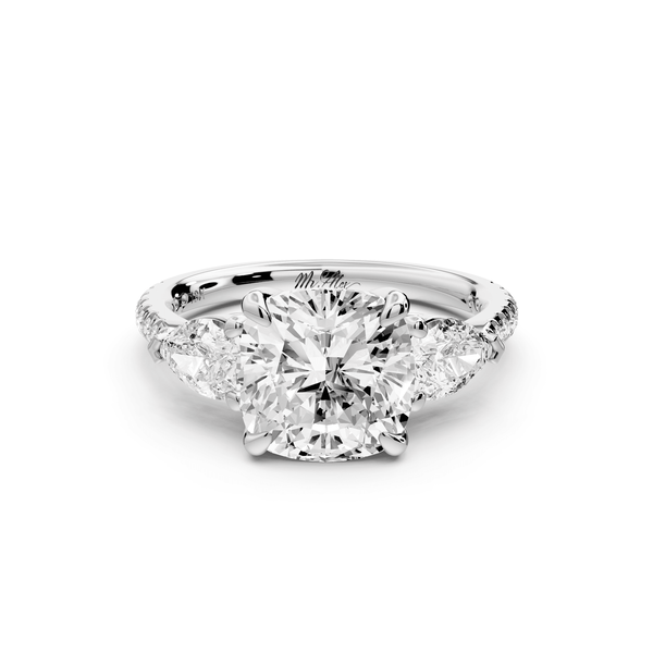 Alma - 3ct 14k white gold cushion center stone with two pear shaped diamonds and pavé. Three stone oval and pear engagement ring with Pavé - Mr. Alex Jewelry