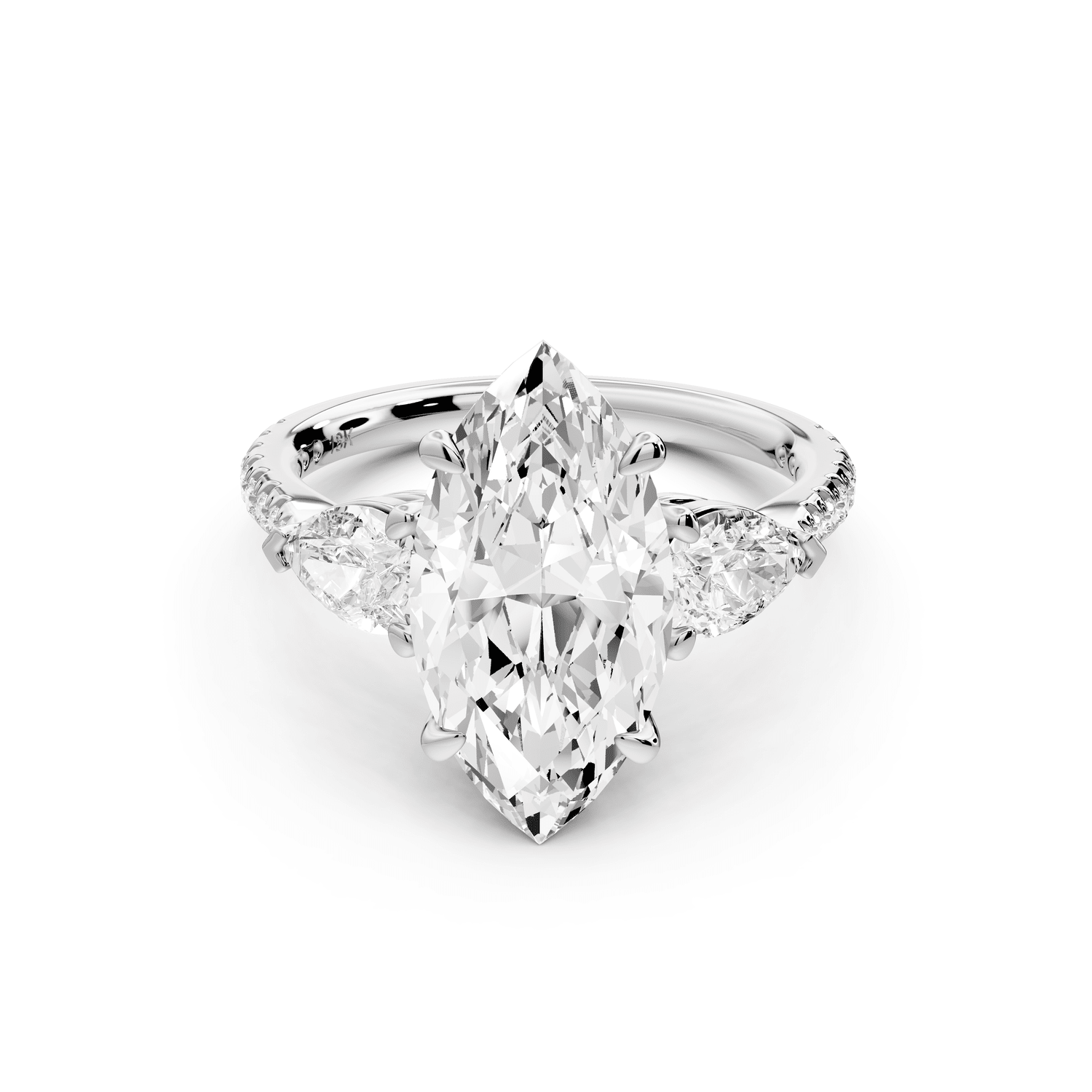 Alma - 3ct 14k white gold marquise center stone with two pear shaped diamonds and pavé. Three stone oval and pear engagement ring with Pavé - Mr. Alex Jewelry