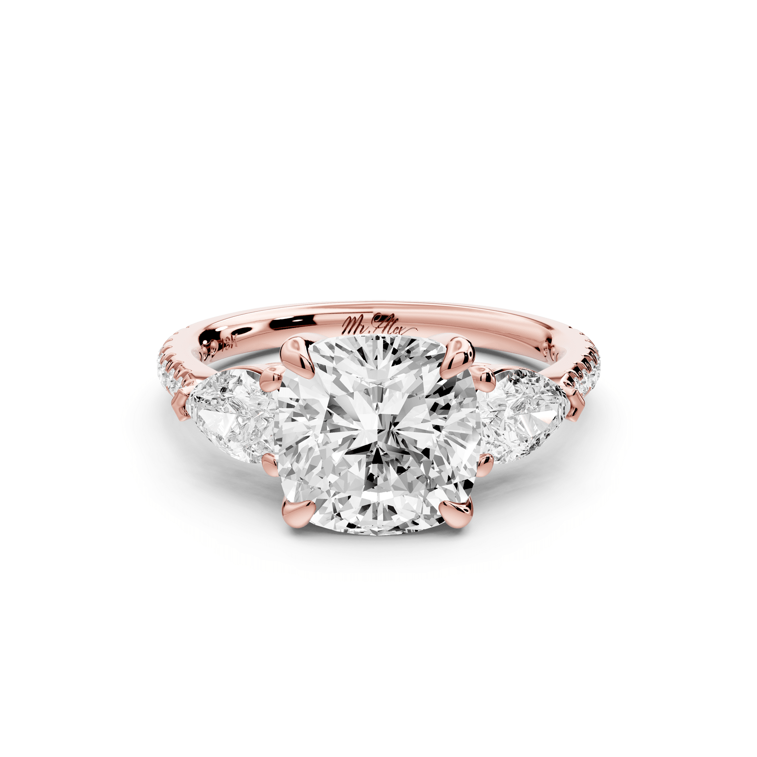 Alma - 3ct 18k rose gold cushion center stone with two pear shaped diamonds and pavé. Three stone oval and pear engagement ring with Pavé - Mr. Alex Jewelry