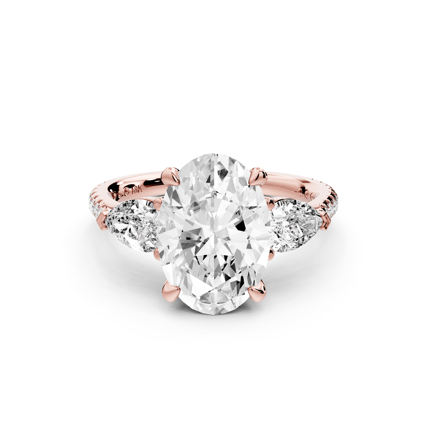 Alma - 3ct 18k rose gold oval center stone with two pear shaped diamonds and pavé. Three stone oval and pear Engagement ring with Pavé - Mr. Alex Jewelry