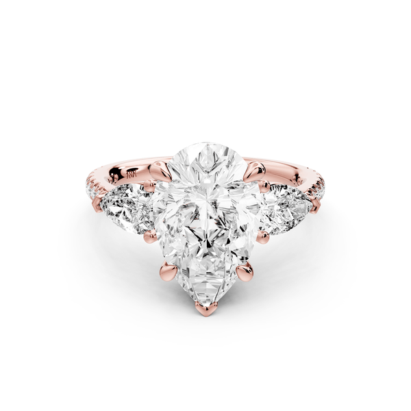 Alma - 3ct 18k rose gold pear center stone with two pear shaped diamonds and pavé. Three stone oval and pear Engagement ring with Pavé - Mr. Alex Jewelry