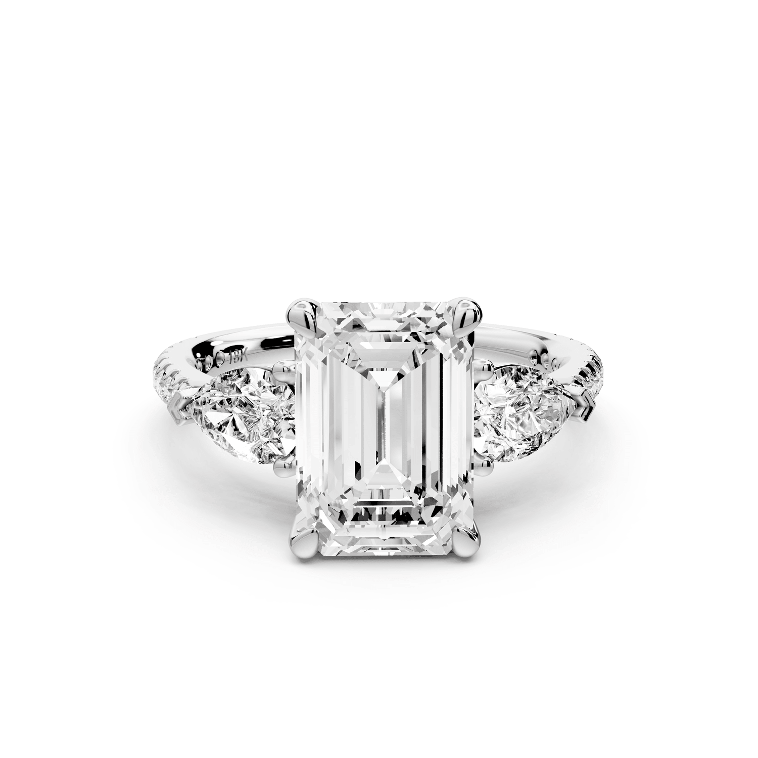Alma - 3ct 18k white gold emerald center stone with two pear shaped diamonds and pavé. Three stone oval and pear Engagement ring with Pavé - Mr. Alex Jewelry
