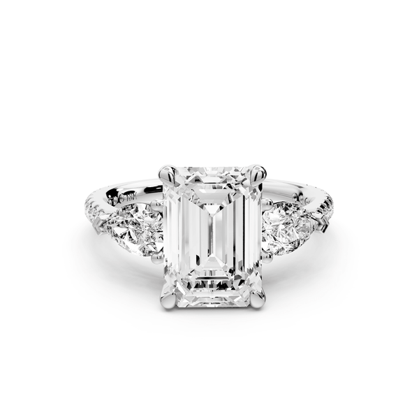 Alma - 3ct 18k white gold emerald center stone with two pear shaped diamonds and pavé. Three stone oval and pear Engagement ring with Pavé - Mr. Alex Jewelry