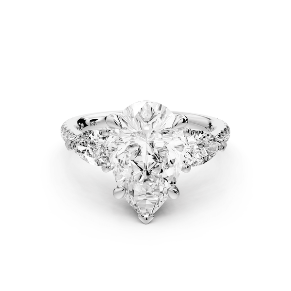 Alma - 3ct 18k white gold pear center stone with two pear shaped diamonds and pavé. Three stone oval and pear Engagement ring with Pavé - Mr. Alex Jewelry