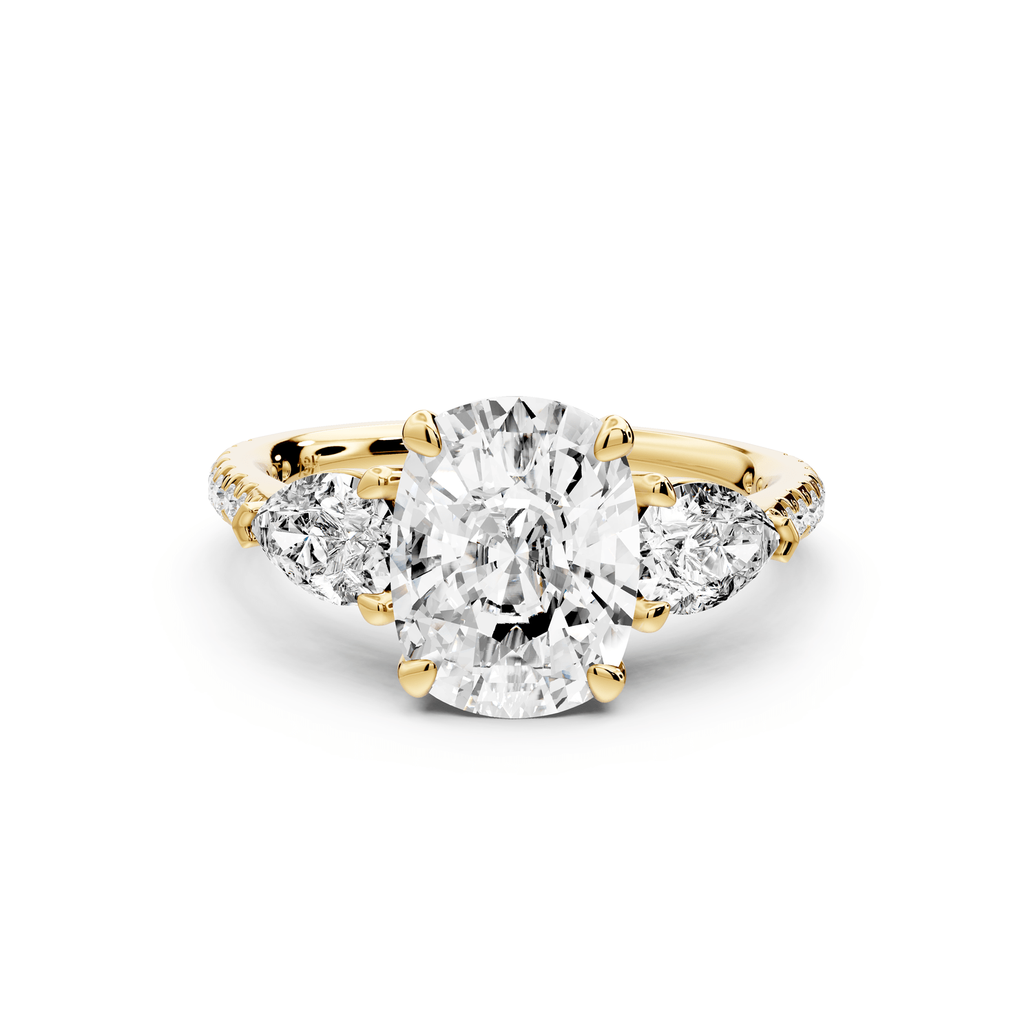 Alma - 3ct 18k yellow gold ecushion center stone with two pear shaped diamonds and pavé. Three stone oval and pear engagement ring with Pavé - Mr. Alex Jewelry