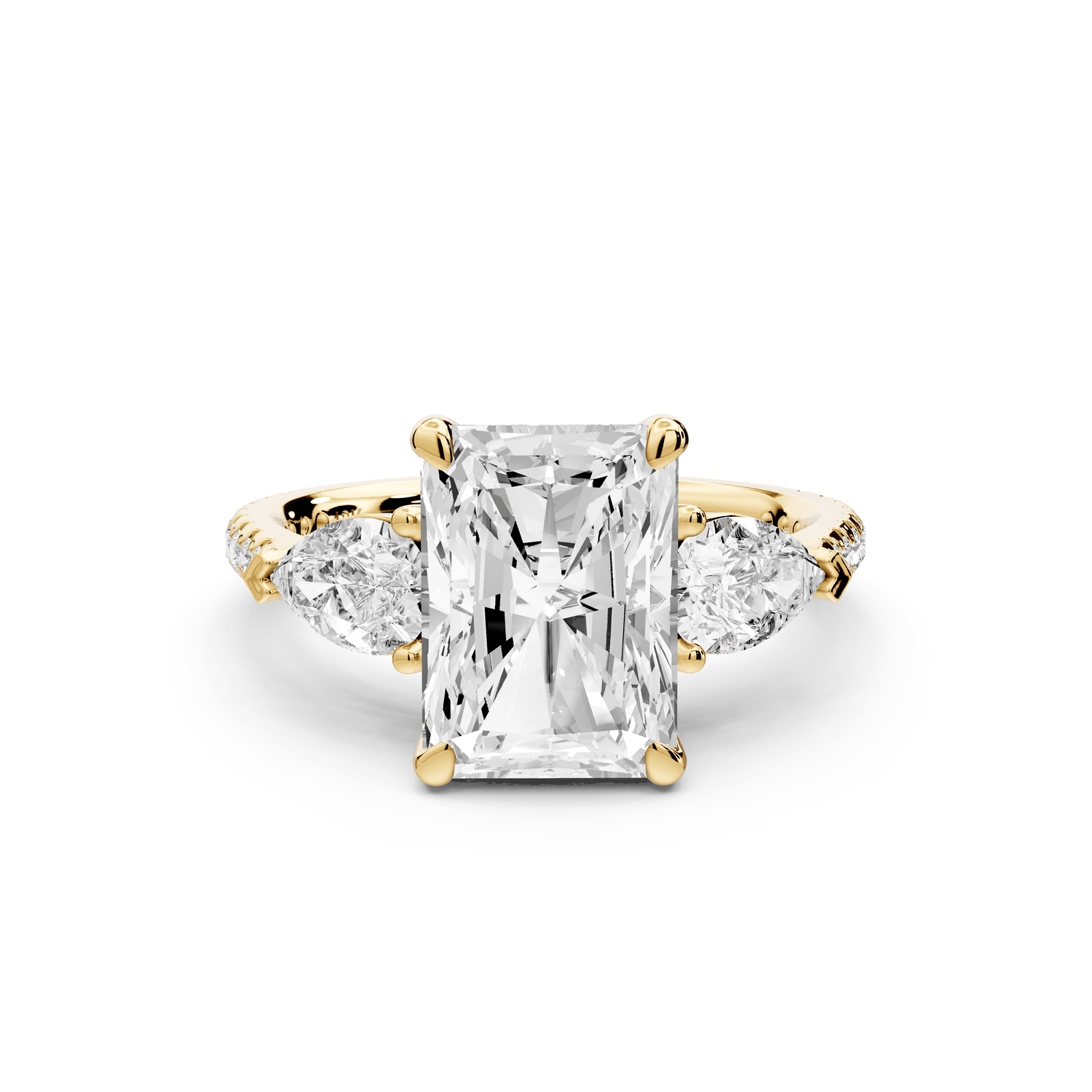 Alma - 3ct 18k yellow gold radiant center stone with two pear shaped diamonds and pavé. Three stone oval and pear engagement ring with Pavé - Mr. Alex Jewelry